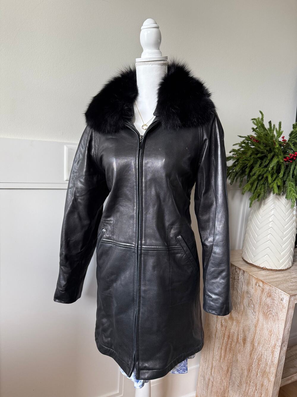 Genuine Fox Fur Collared Leather Penny Lane Coat
